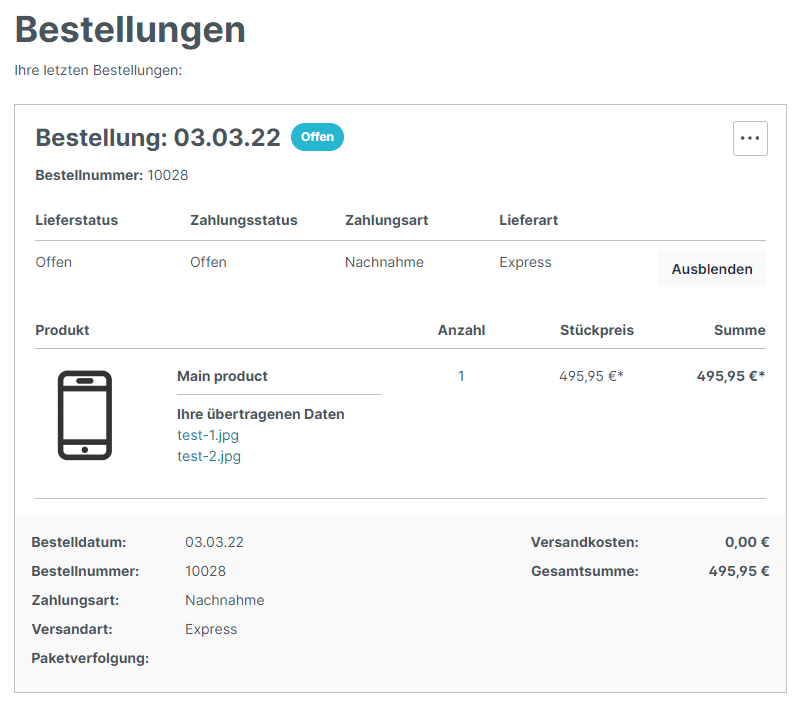 Bestellübersicht mit Upload-Daten